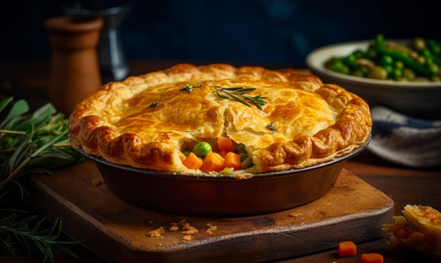 Torta em cima de uma tábua de corte de madeira ao lado de uma tigela de legumes IA generativa