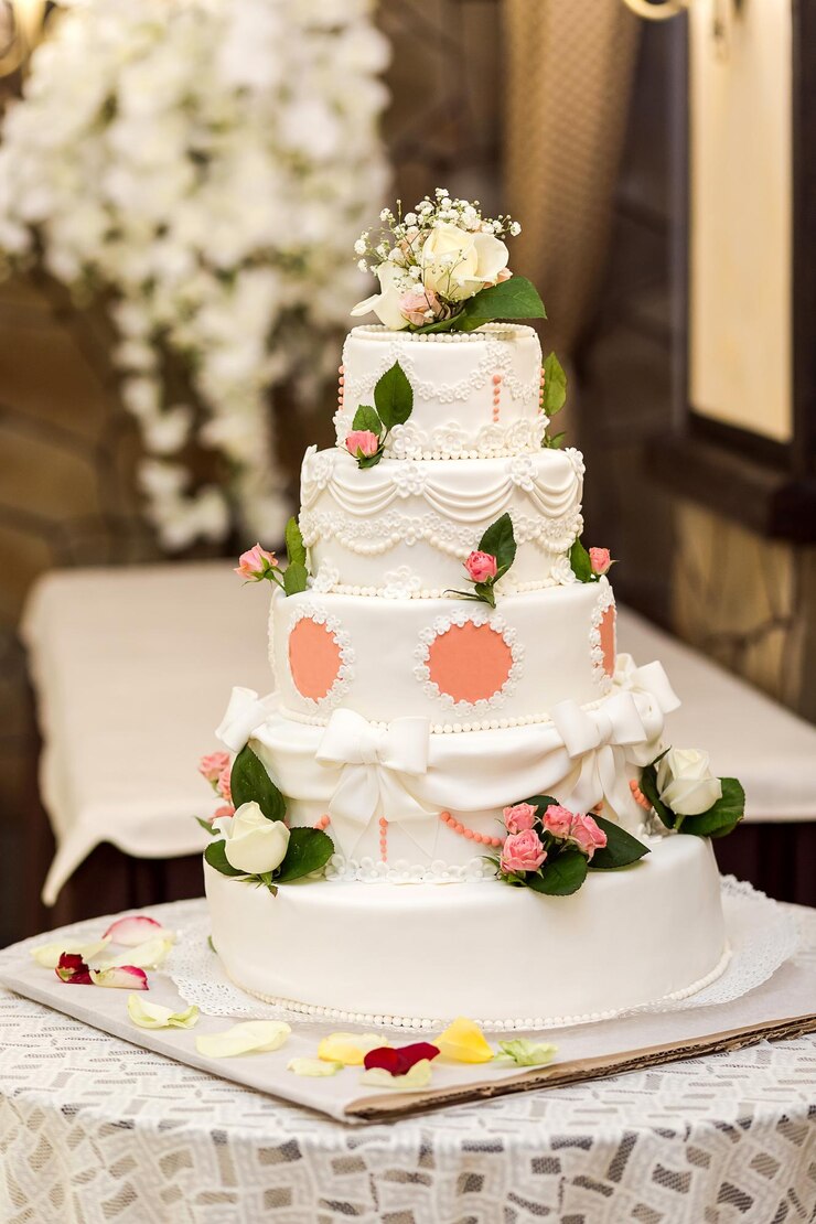 Torta festiva de casamento em tons brancos
