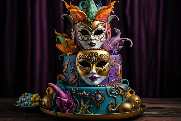 Torta festiva de Mardi Gras adornada con coloridas máscaras de fondante