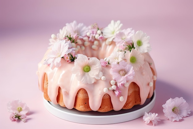 Torta en forma de anillo rodeada de delicadas flores rosas y blancas creadas con ai generativo