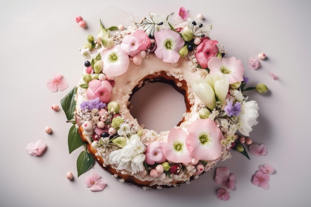 Torta en forma de anillo rodeada de delicadas flores rosas y blancas creadas con ai generativo