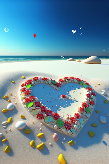 Torta en forma de corazón que se sienta encima de una playa arenosa Ai generativo