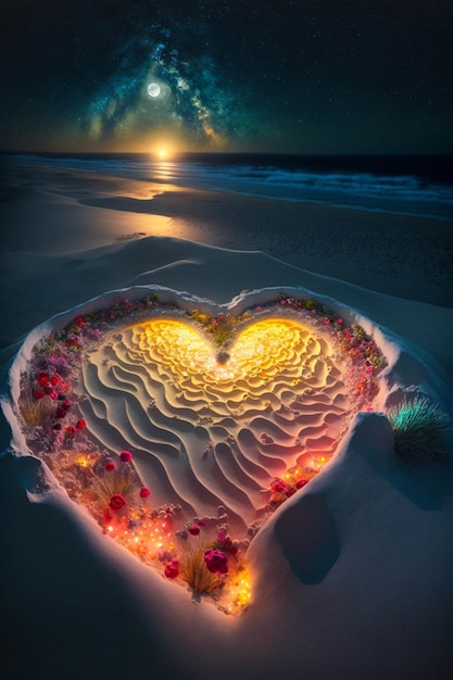 Torta en forma de corazón que se sienta encima de una playa arenosa Ai generativo