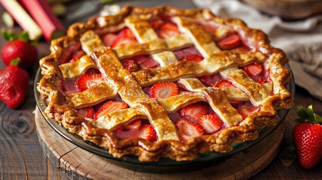 Torta de fresa y rabarbera en una mesa de madera rústica
