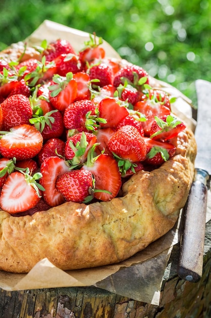 Torta fresca com morangos em dia ensolarado