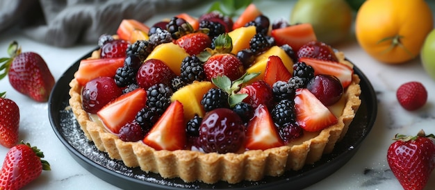 Foto torta de frutas en plato negro con frutas frescas