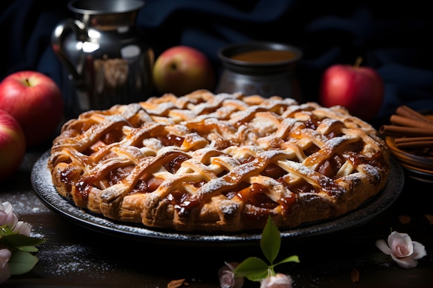 Torta de manzana estadounidense tradicional con manzanas frescas, frutas y canela. Pastel de postre de Acción de Gracias o Halloween de otoño o otoño.