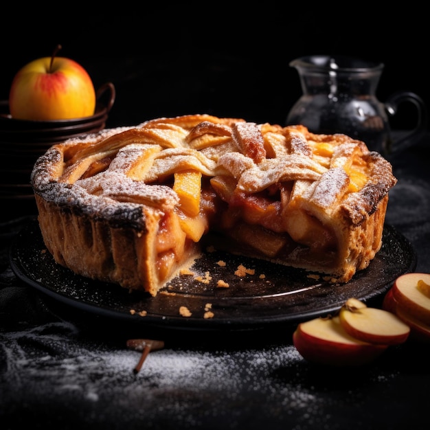 Torta de manzana en fondo negro fotografía de comida