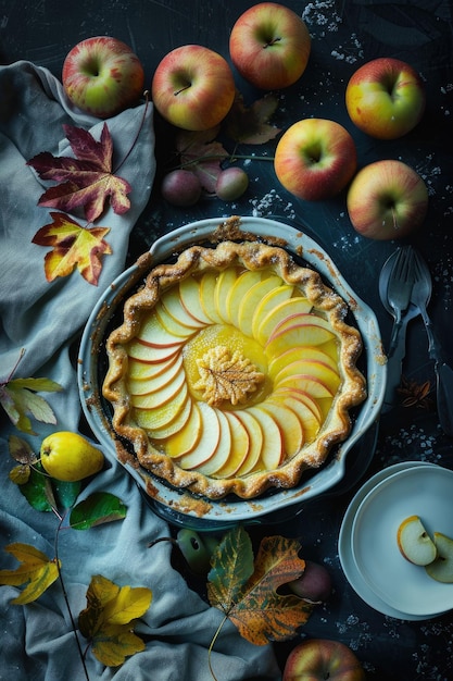 Torta de manzana sin hornear en un plato de horneado envuelto en tela