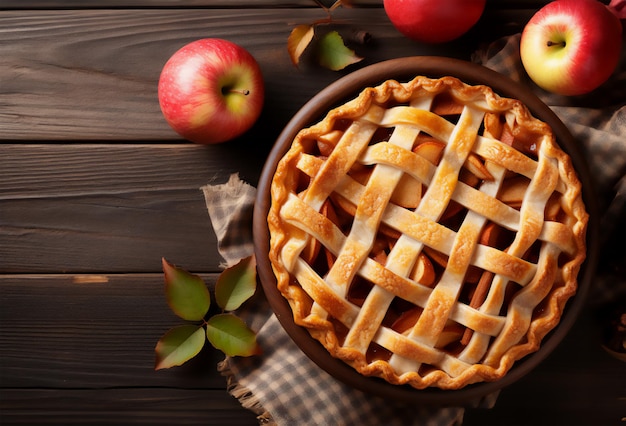 Torta de manzana con manzanas en una mesa de madera