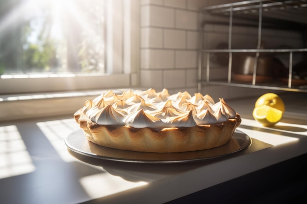 Foto torta de merengue de limón horneada en el horno torta culinaria deliciosa con un relleno esponjoso generar ai