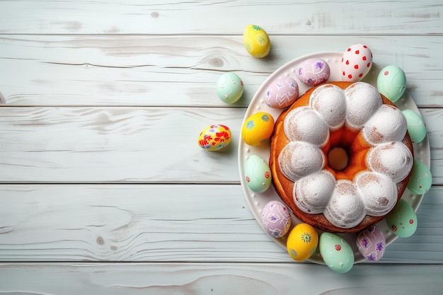 Torta de Pascua y huevos pintados sobre fondo de madera Vista superior con tarjeta de felicitación de espacio de copia