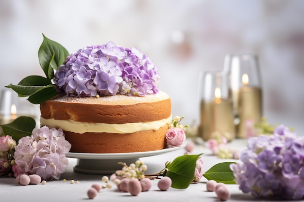 Torta de Pascua y huevos sobre fondo blanco con ramo de flores Feliz Pascua