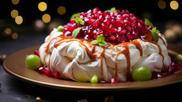 Foto torta pavlova com groselhas vermelhas e hortelã-doce