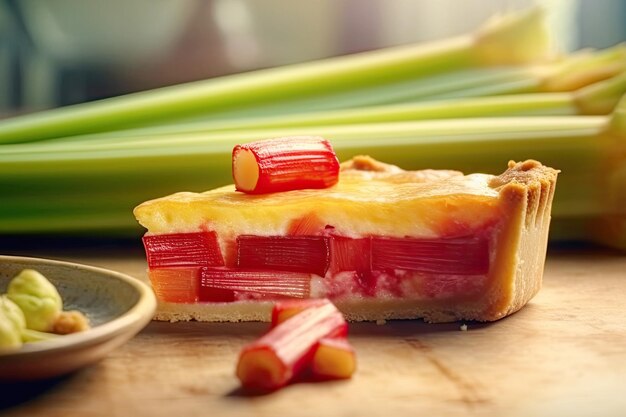 Torta con ruibarbo y queso de cerca