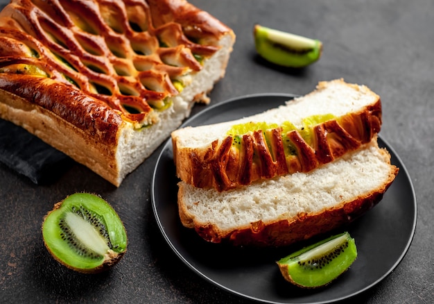 torta saborosa com recheio de kiwi pronto para comer em um fundo de pedra