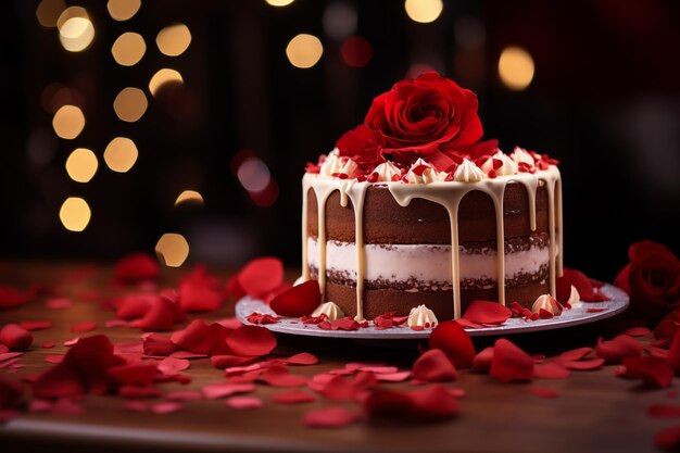 Torta de San Valentín con corazones dulces y postres de fondo