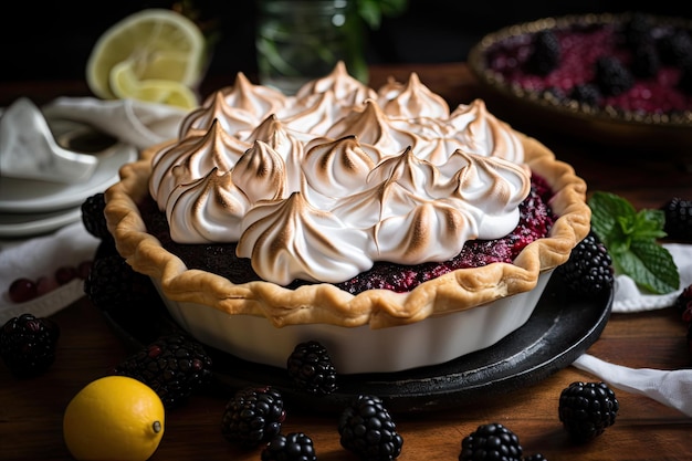 Torta suculenta de merengue de amora coberta com frutas frescas criada com IA generativa