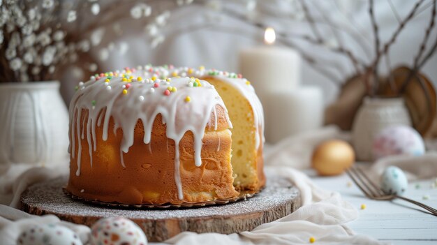 Torta tradicional ucraniana de Pascua con merengue suizo blanco Persona decora la torta a mano Espacio libre para copiar