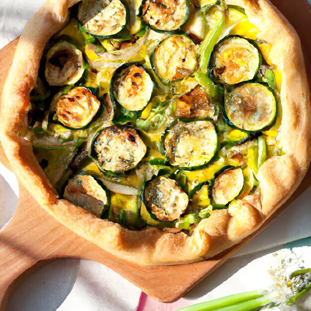 Torta vegetariana de vegetais Saborosa torta de verão com abobrinha, alho-poró e ervilhas sobre fundo claro