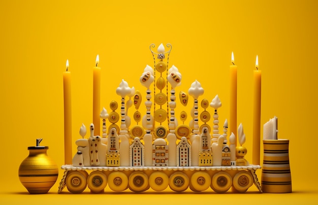 Torta con velas en un fondo amarillo renderización 3D