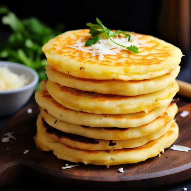 Torta versátil de harina de maíz de arepa con deliciosos rellenos y coberturas