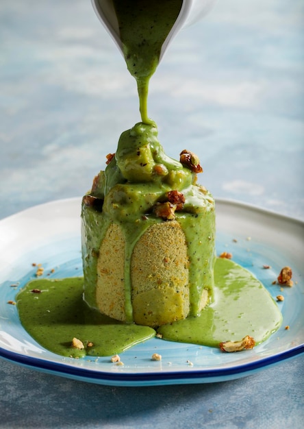 Torta de volcán de pistacho servida en una vista lateral del plato aislada en una mesa de madera