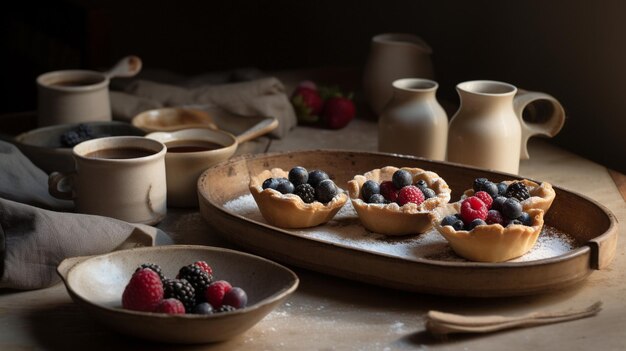 Tortas de frutas frescas em uma bandeja com uma jarra e uma xícara Imagem generativa de IA