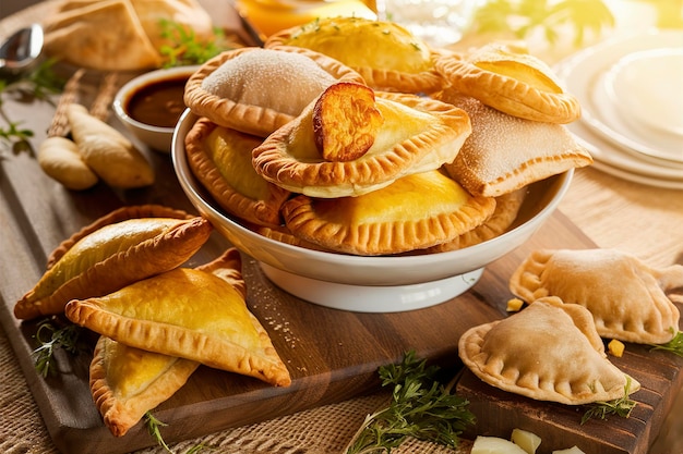 Foto tortas de mão, samosas ou pierogies com recheio de batata, assadas douradas