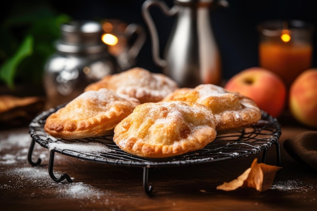 Tortas de pêssego e canela com massa de crosta, açúcar, placa de madeira, espaço para cópia