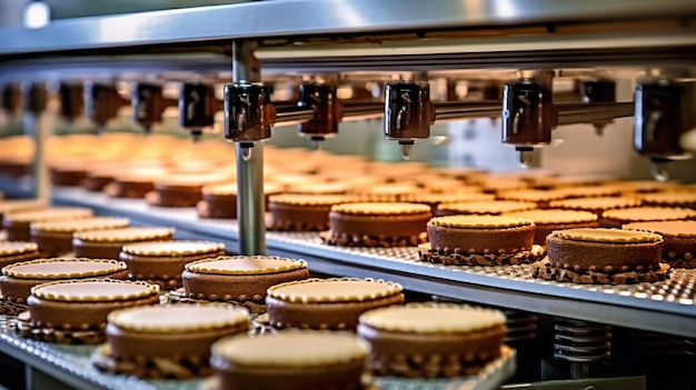 Tortas en la máquina transportadora redonda automatizada en la línea de producción de la fábrica de alimentos de panadería Generative Ai