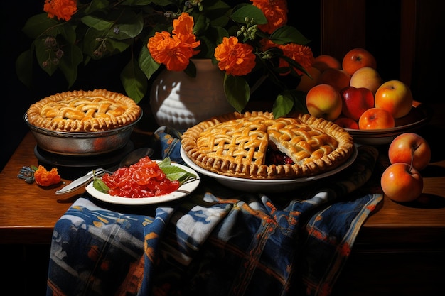 Tortas recém-assadas e taça de frutas