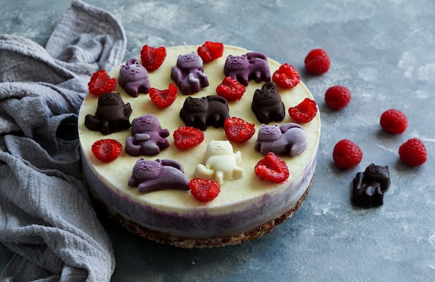 Tortas veganas para niños, con frutas y bayas, decoradas con gatos de chocolate.