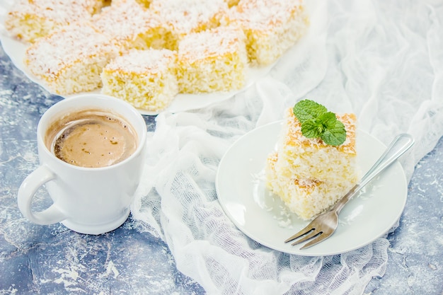 Tortas En Virutas De Coco. Enfoque selectivo Comida.