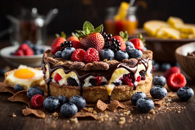 Torte mit Schokoladenkäse und Beeren. Das Frühstück ist süß mit Blaubeeren