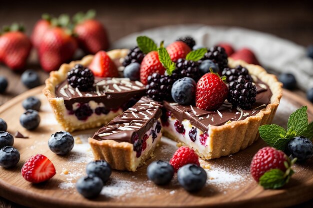 Foto torte mit schokoladenkäse und beeren. das frühstück ist süß mit blaubeeren