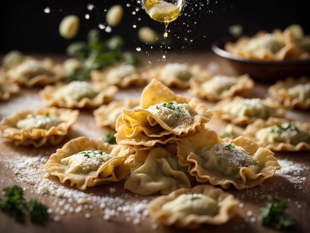 Tortelli flotantes y pasta de ravioli con ingredientes queso carne o verduras Foto cinematográfica