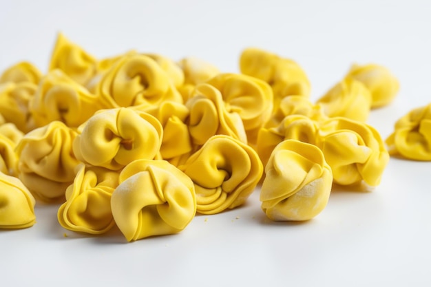 Tortellini amarillo casero crudo sobre un fondo blanco