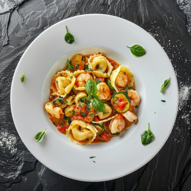 Tortellini con camarones pequeño zucchini ragout vista superior plato italiano molecular con mariscos ravioli