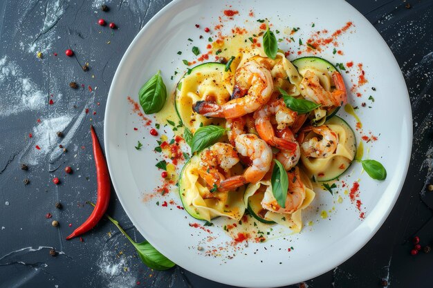 Tortellini com camarão Zucchini pequeno Ragout Top View Prato italiano molecular com frutos do mar Ravioli