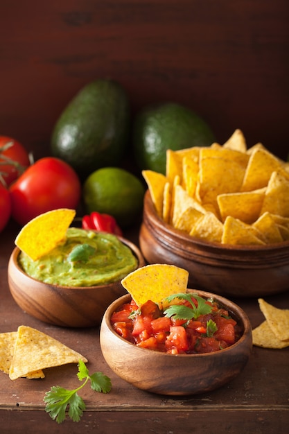 Tortilhas de nachos mexicanas com molho guacamole e salsa