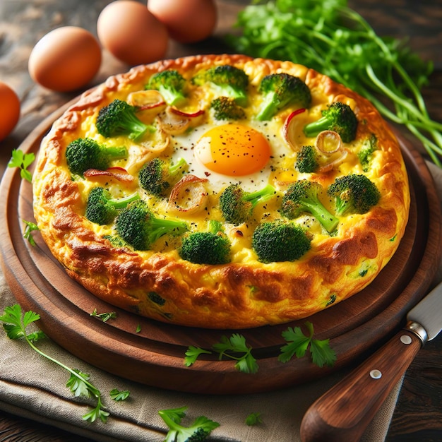 Tortilla al horno con brócoli en una tabla de madera