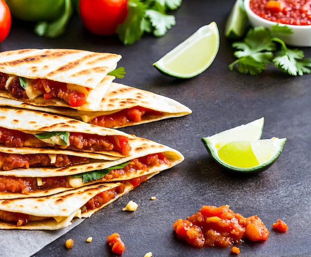 Tortilla con carne y verduras sobre fondo negro