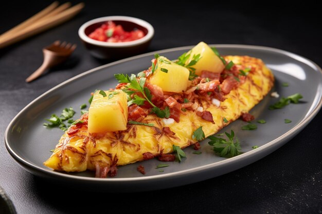 Tortilla cocida con queso crema de salmón ahumado en cubitos y eneldo