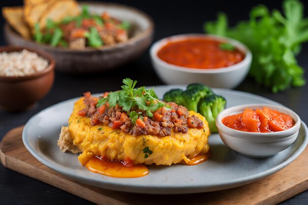 Tortilla crujiente cubierta con carne de cerdo picada y salsa de verduras mixtas