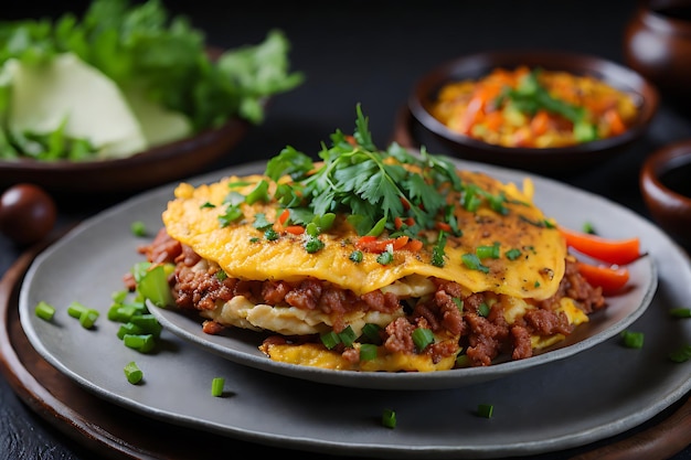 Tortilla crujiente cubierta con carne de cerdo picada y salsa de verduras mixtas