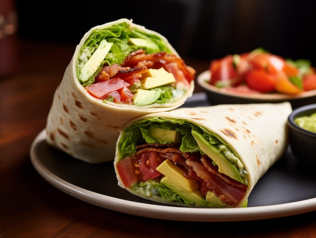 Foto tortilla envolta com bacon, abacate, tomates e pepino