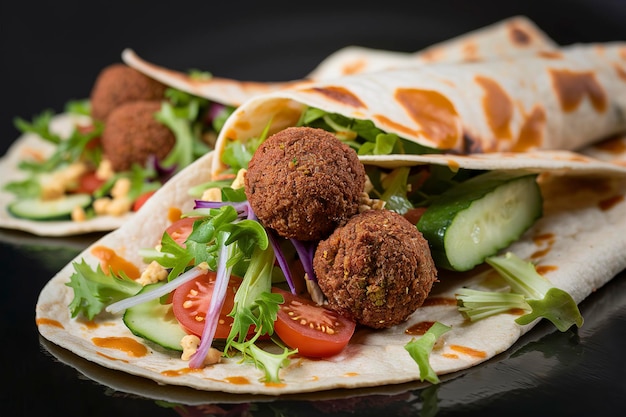 Tortilla envolta com falafel e salada fresca Tacos veganos Alimentação saudável vegetariana