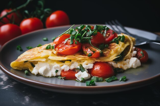 Tortilla de rúcula fresca con queso de cabra cremoso y tomates maduros