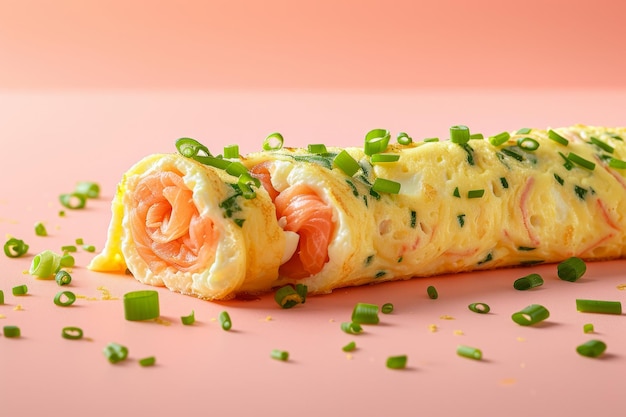 Foto una tortilla con salmón y queso crema enrollado en un tronco y con cebollas verdes de color coral claro
